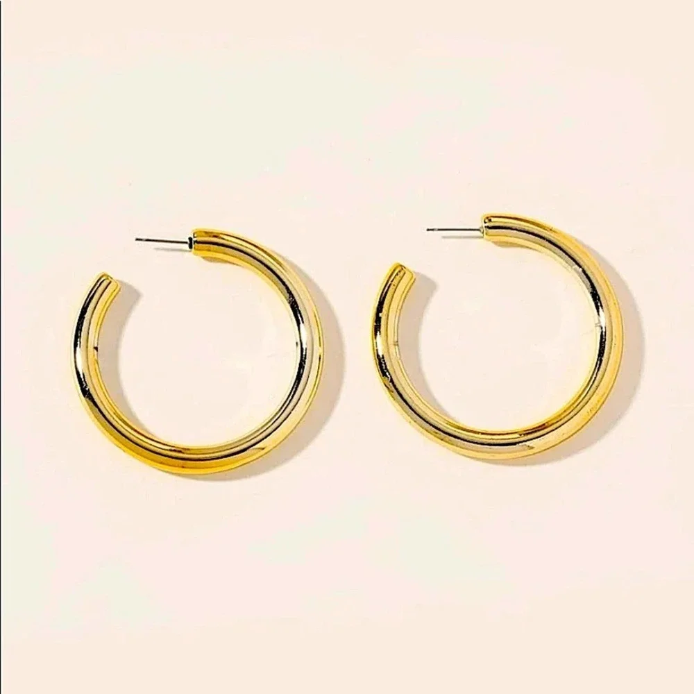 NEW GOLD PLATED SOLID HOOP EARRINGS 2.12”